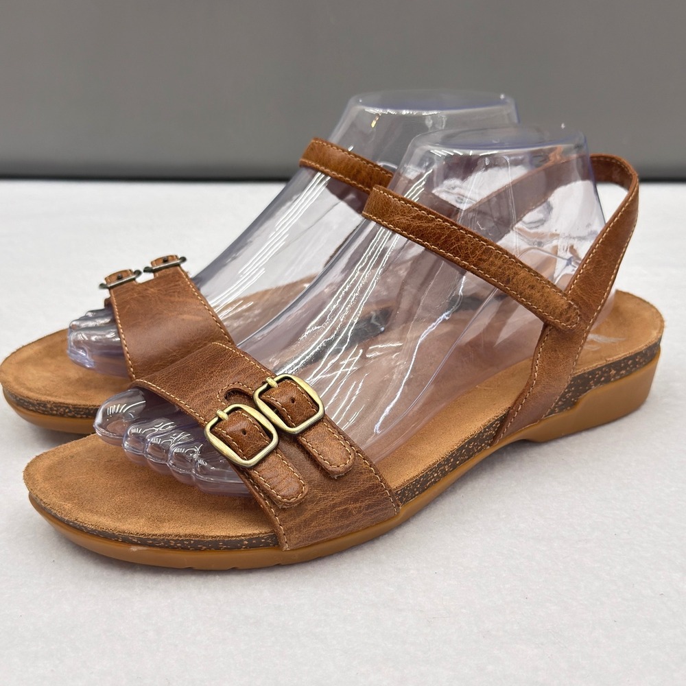 Dansko Rebekah Tan Leather Double Buckle Ankle Strap Wedge Sandals Women's EU 39